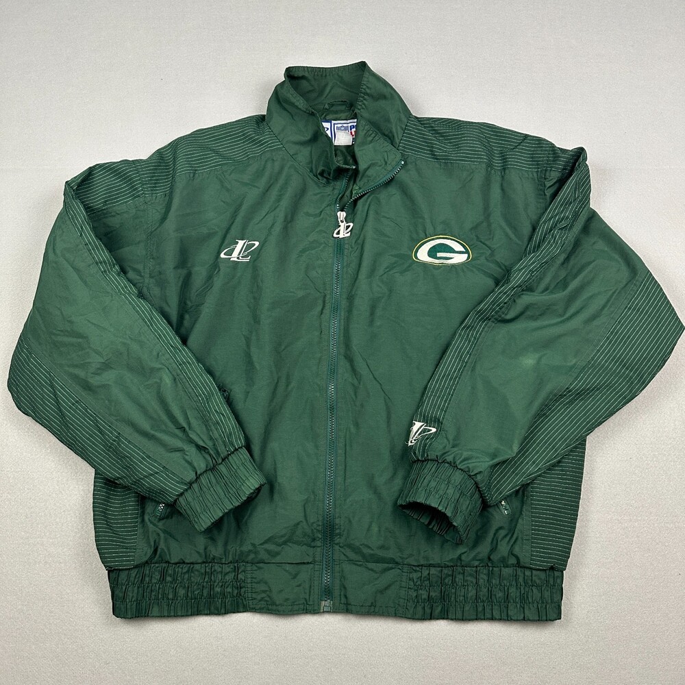 Vintage Green Bay Packers Jacket Men XL Green Logo Athletic Windbreaker NFL